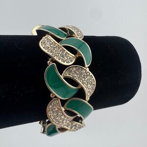 Green Enamel Rhinestone Statement Bracelet 7" Gold Tone Chunky Link